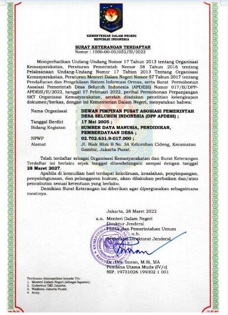 Keabsahan DPP APDESI versi Surta Wijaya berdasarkan Surat Keterangan Terdaftar dari Kemendagri